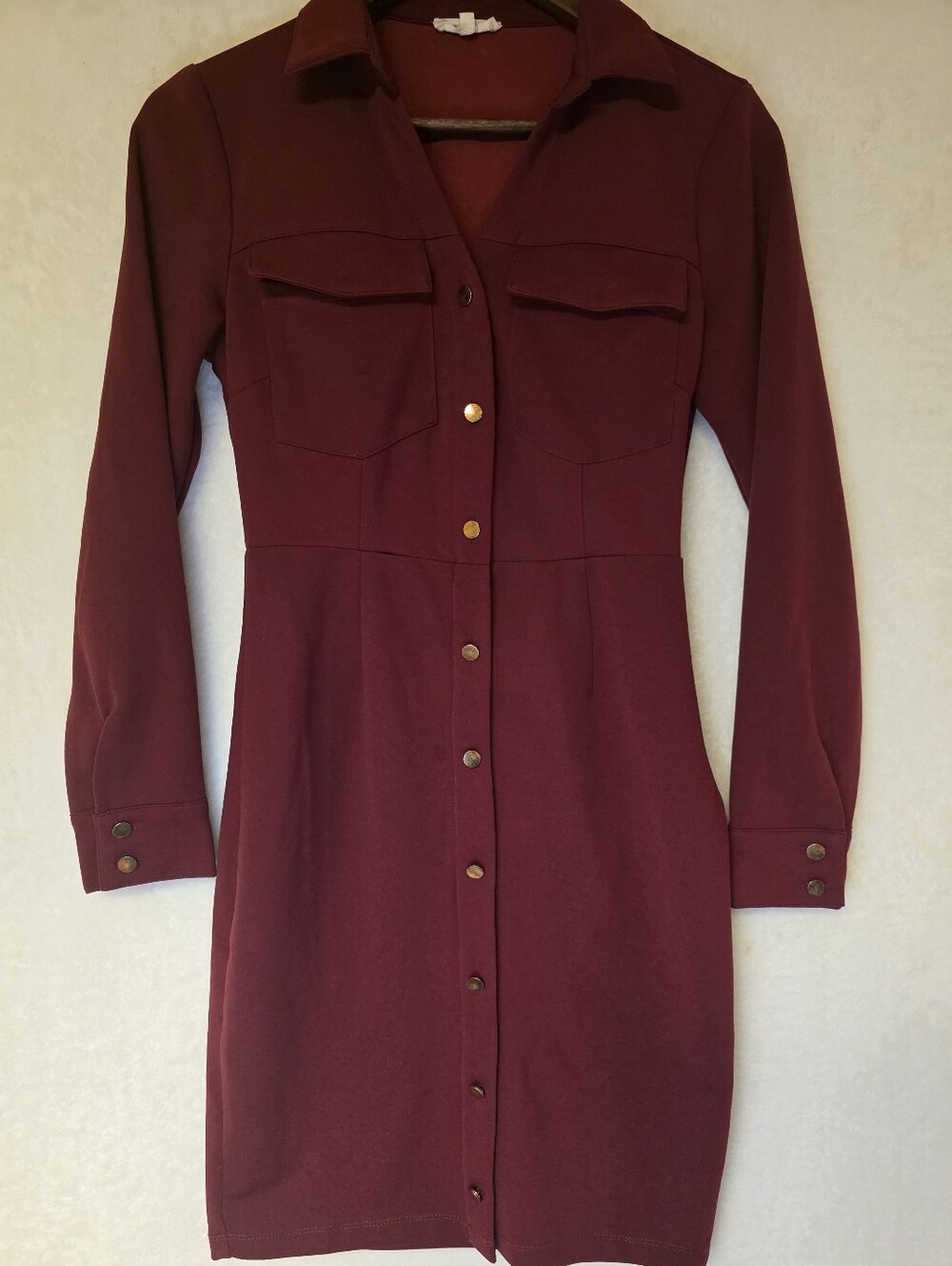 Main Strip Burgundy Button-Front Detail Long Sleeve Shirt Dress Pull Over Size S